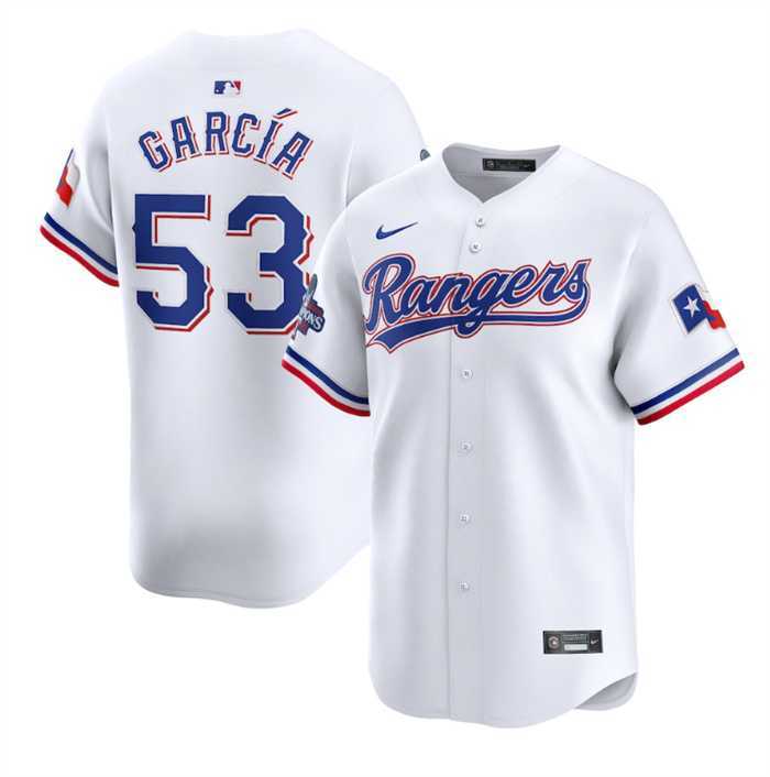 Men%27s Texas Rangers #53 Adolis Garcia White 2023 World Series Champions Stitched Baseball Jersey Dzhi